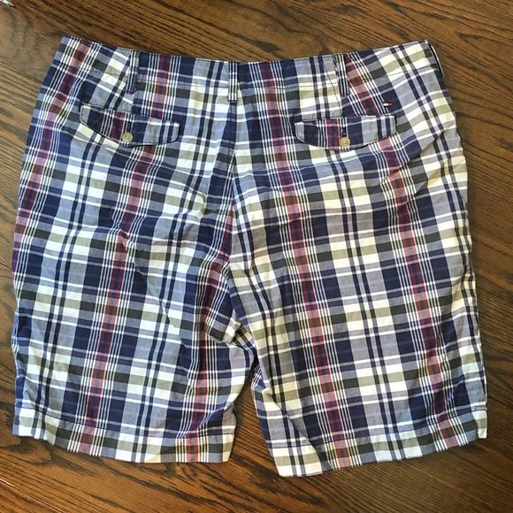 TOMMY HILFIGER Mens Navy Blue Plaid Flat Front Longer Length Chino Shorts Sz 40 - Picture 2 of 6